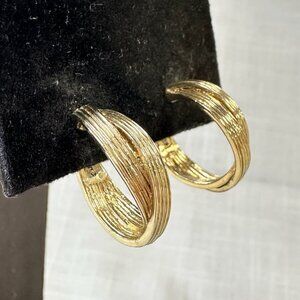 Vintage Monet Gold Tone Double Hoop Crossed Clip On Earrings